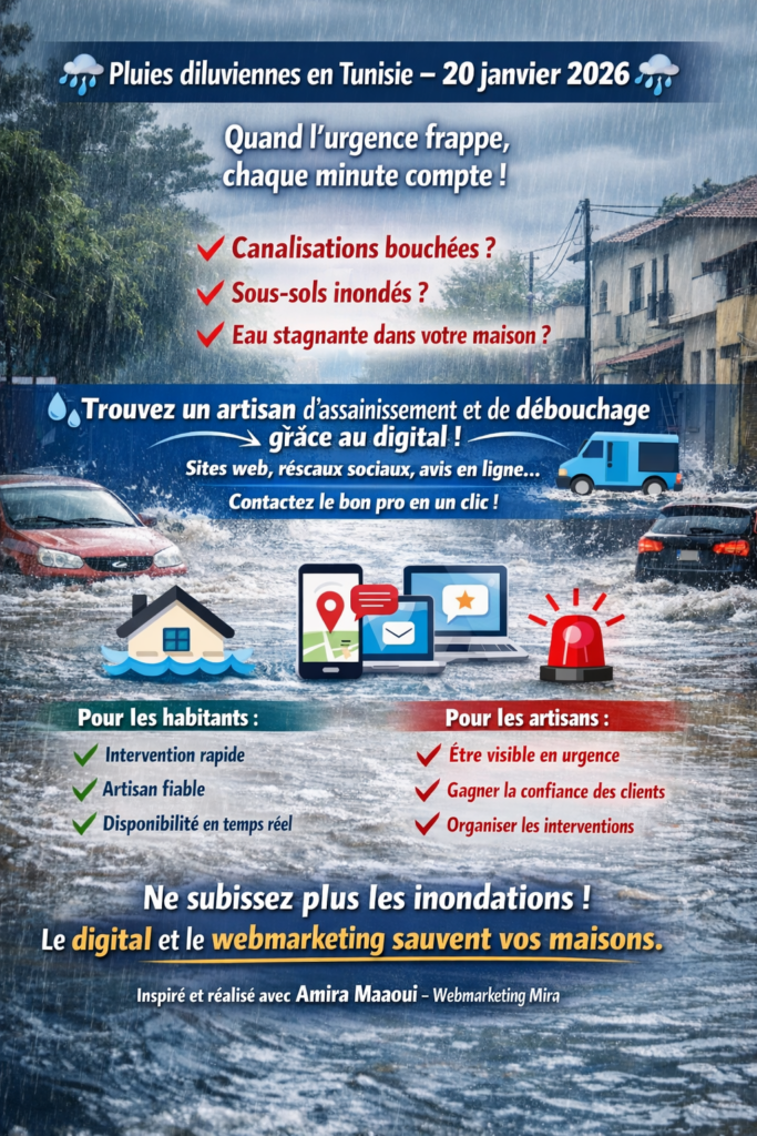 Pluies diluviennes en Tunisie le 20 janvier 2026 : le digital et le webmarketing, un soutien crucial pour les artisans d’assainissement